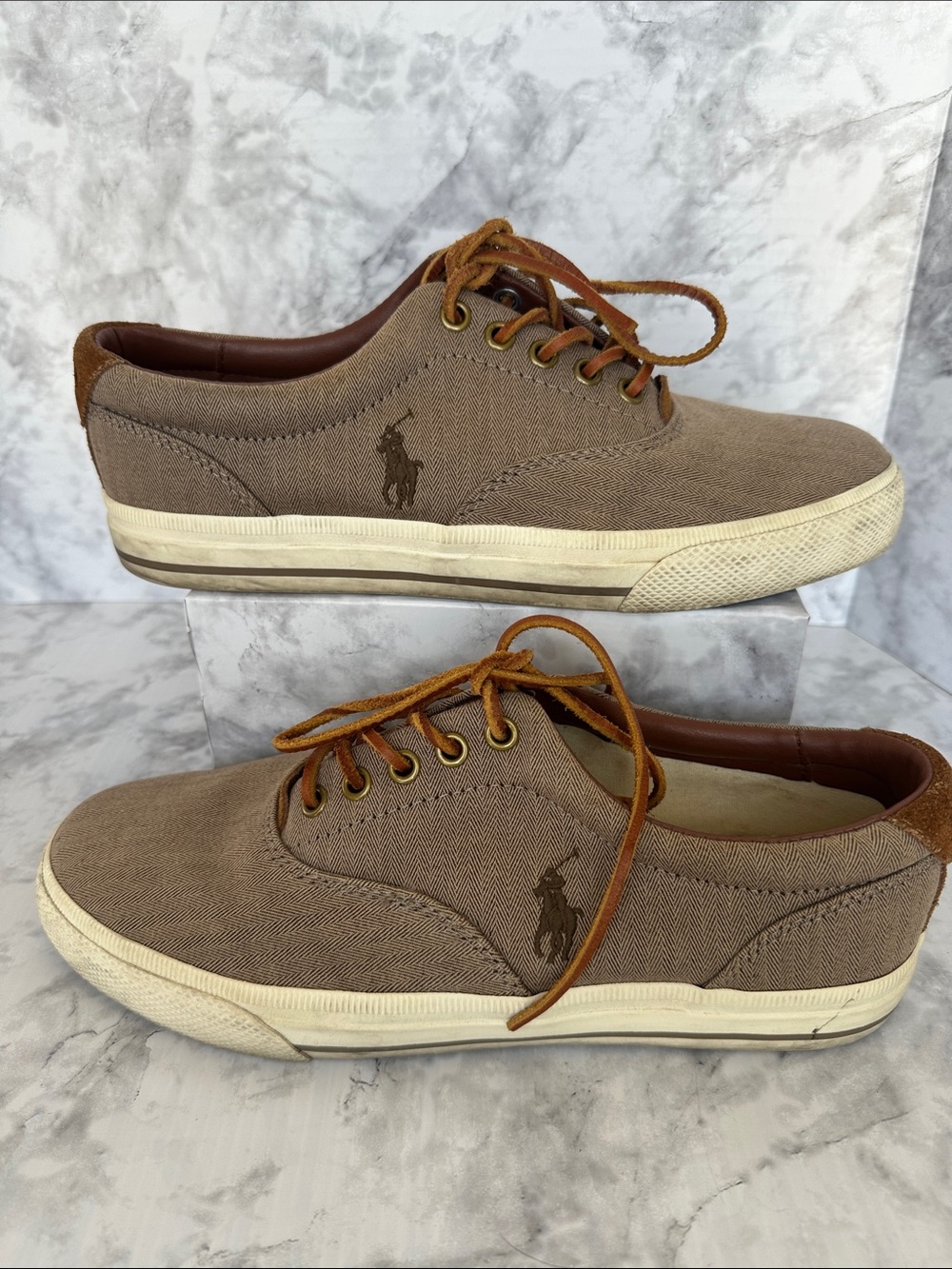 Polo Ralph Lauren Taupe Canvas Low-Top Sneakers  Faux suede Lace up Man’s 8.5 D